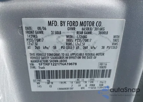 2007 Ford F150 Stx/Xl/Xlt from USA, damaged, VIN 1FTRF12217NA19678